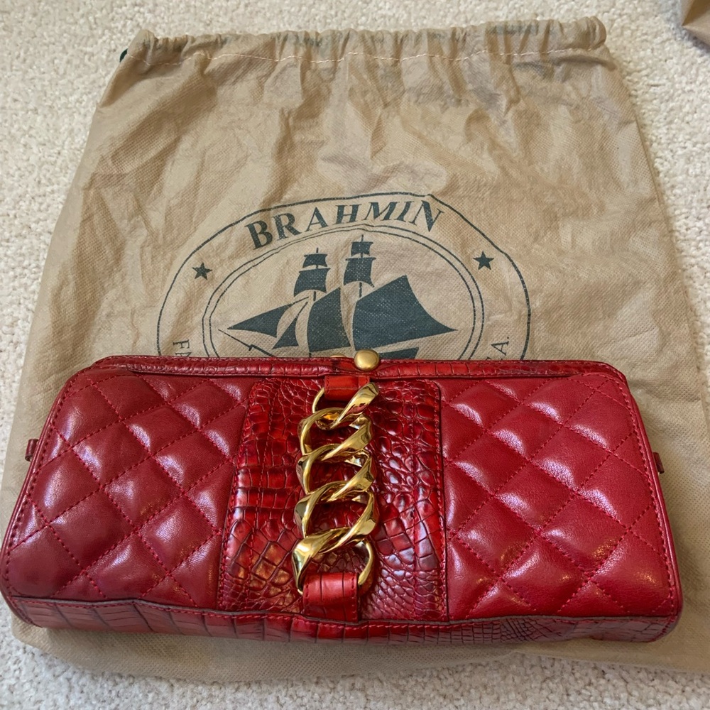 Classic red quilted Brahmin clutch vintage 2008 chain detail